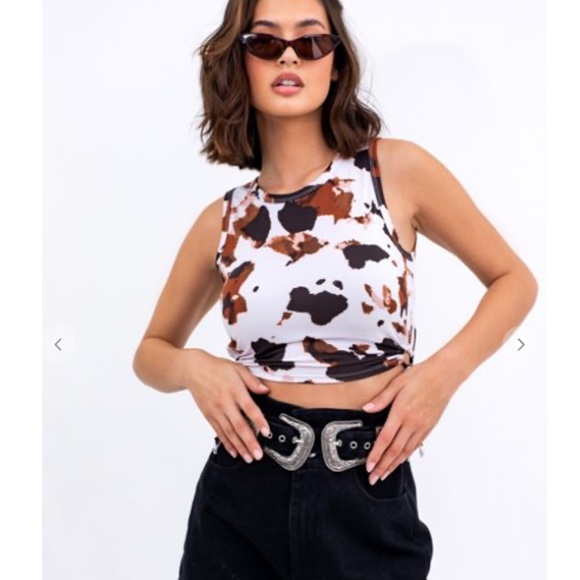 Tops - Cher Cow Print Side Cut Out Crop Top